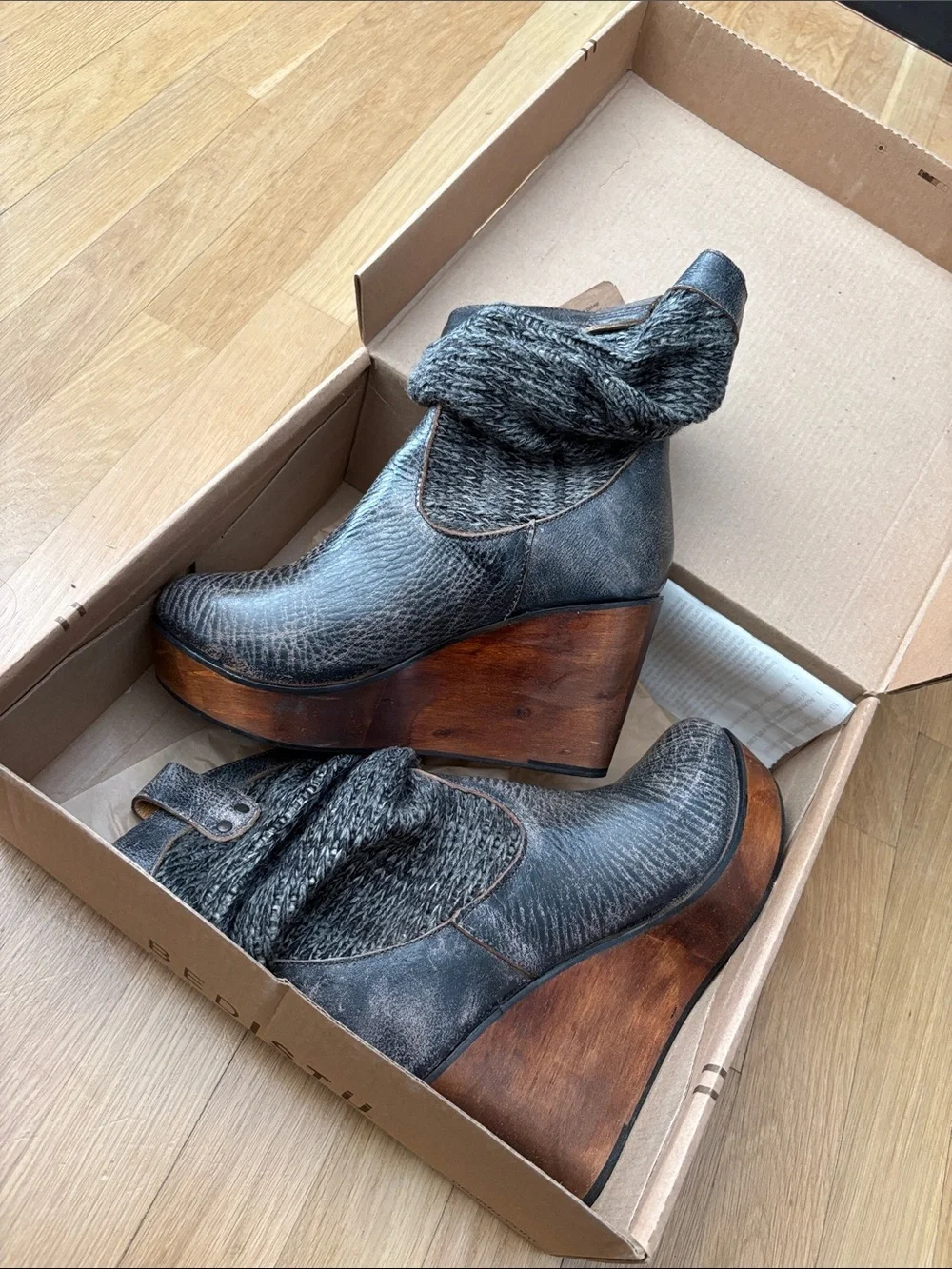 Bed Stu Gray Leather Wedge Booties with Knit Detail